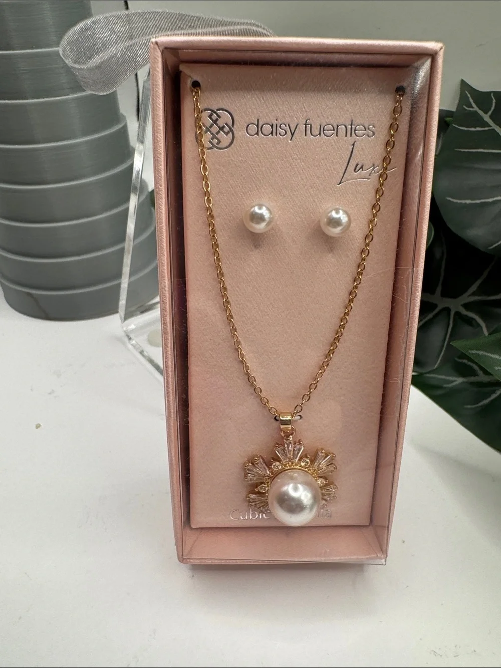 Daisy Fuentes Luxe Cubic Zirconia Pearl Necklace & Earrings Set (BR222BN)